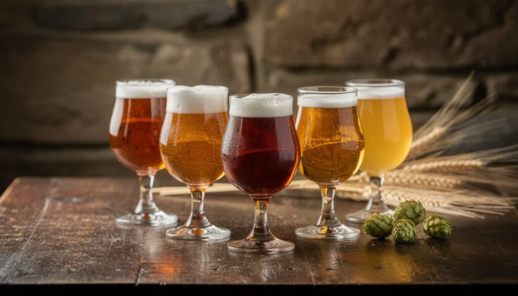 Cinq verres de bières écossaises de styles différents avec houblon et orge maltée sur table en bois