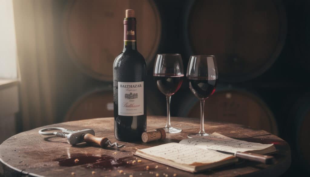 Bouteille Balthazar de vin rouge avec deux verres remplis sur table en bois, tire-bouchon et carnet de dégustation