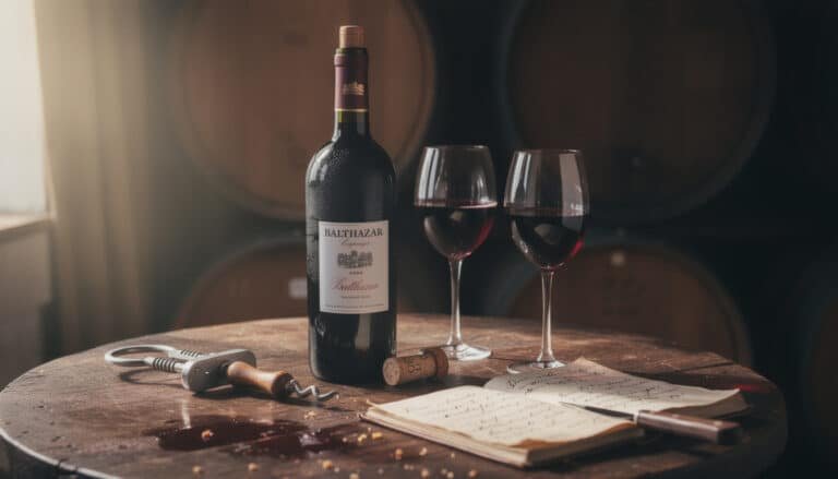 Bouteille Balthazar de vin rouge avec deux verres remplis sur table en bois, tire-bouchon et carnet de dégustation