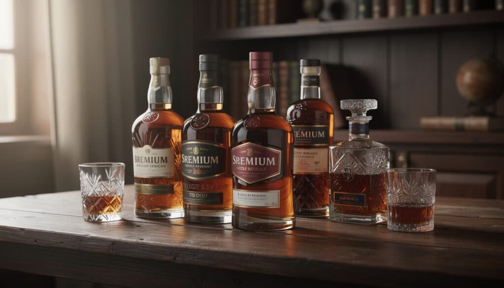 Sélection de bouteilles de rhum premium avec verres de dégustation, incluant marques réputées pour la découverte des meilleurs rhums