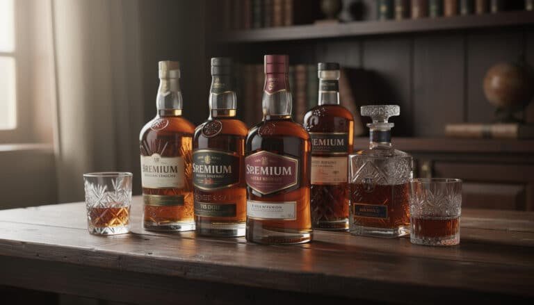 Sélection de bouteilles de rhum premium avec verres de dégustation, incluant marques réputées pour la découverte des meilleurs rhums