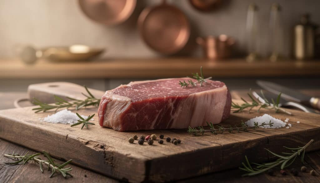 Steak de longe de bœuf rouge vif avec persillage fin, sel et poivre, sur planche bois avec romarin frais
