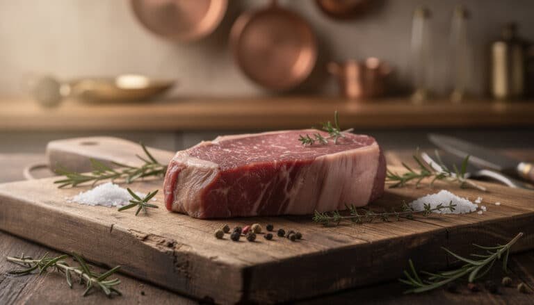 Steak de longe de bœuf rouge vif avec persillage fin, sel et poivre, sur planche bois avec romarin frais