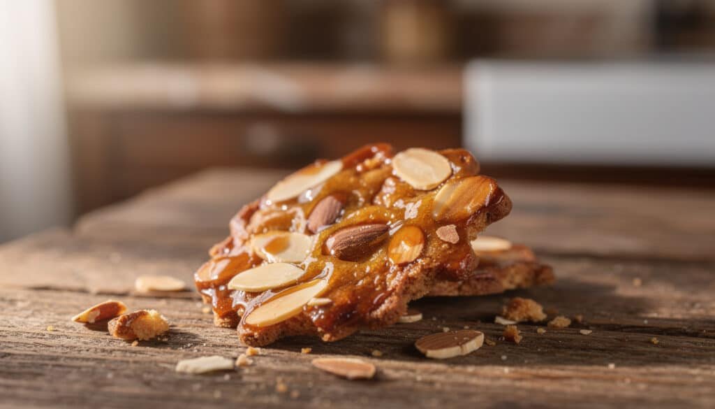 Florentin aux amandes et chocolat : biscuit dentelle caramélisé garni d'amandes effilées sur bois