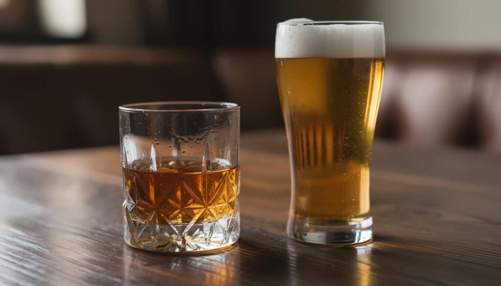 Un verre de whisky et une pinte de bière blonde côte à côte sur une table en bois, illustrant l'accord bière-whisky