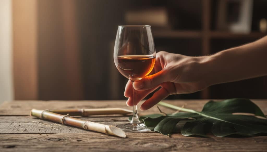Verre de rhum ambré tenu à la main lors d'une dégustation authentique, avec accessoires de dégustation sur bois