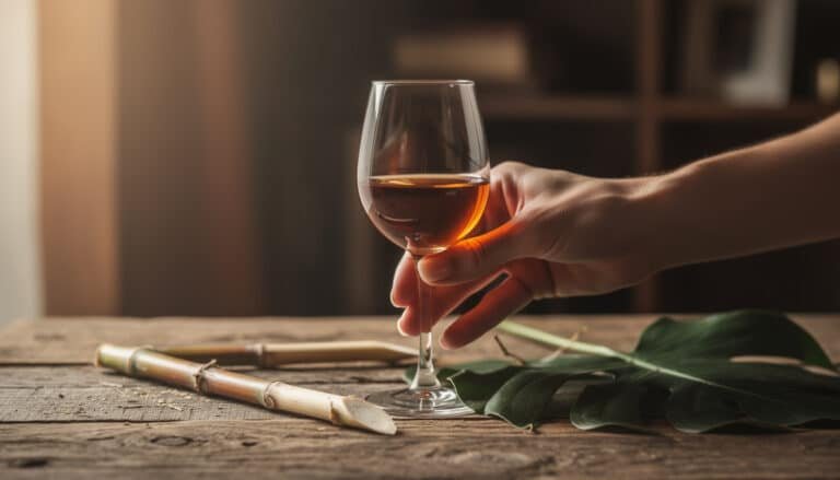 Verre de rhum ambré tenu à la main lors d'une dégustation authentique, avec accessoires de dégustation sur bois