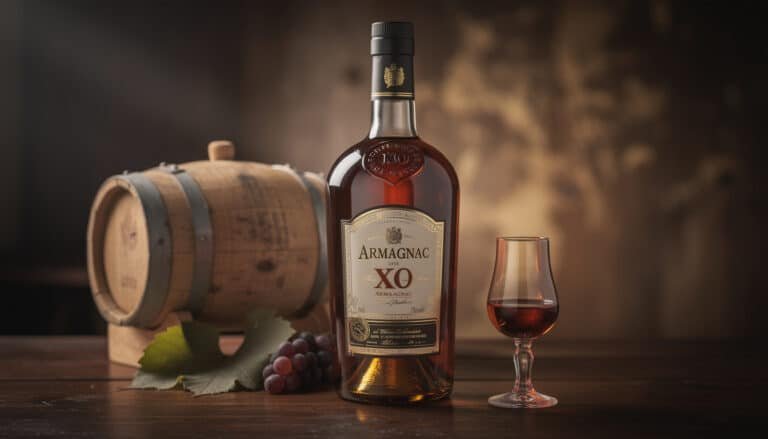 Bouteille d'Armagnac XO avec verre de dégustation, tonneau de vieillissement et raisins sur table en bois