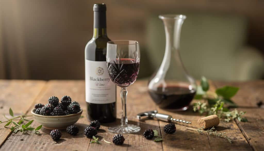 Verre de vin de mûre rubis foncé avec bouteille, mûres fraîches et carafe de décantation sur table en bois