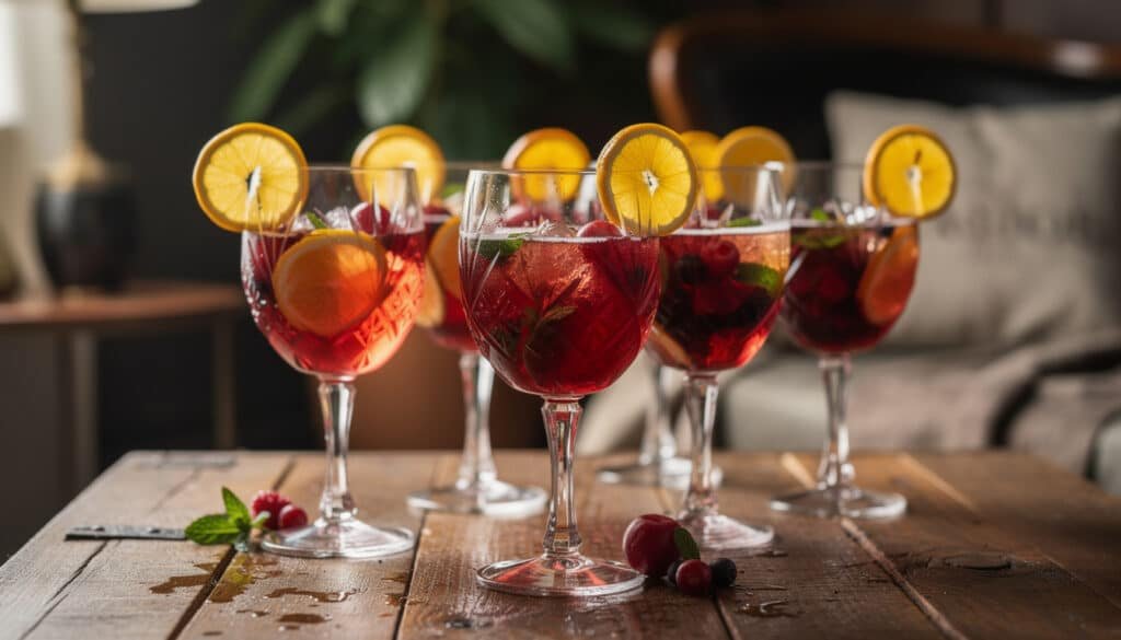 Verres à sangria tumblers remplis de sangria rouge avec glaçons, tranches d'orange et fruits rouges frais