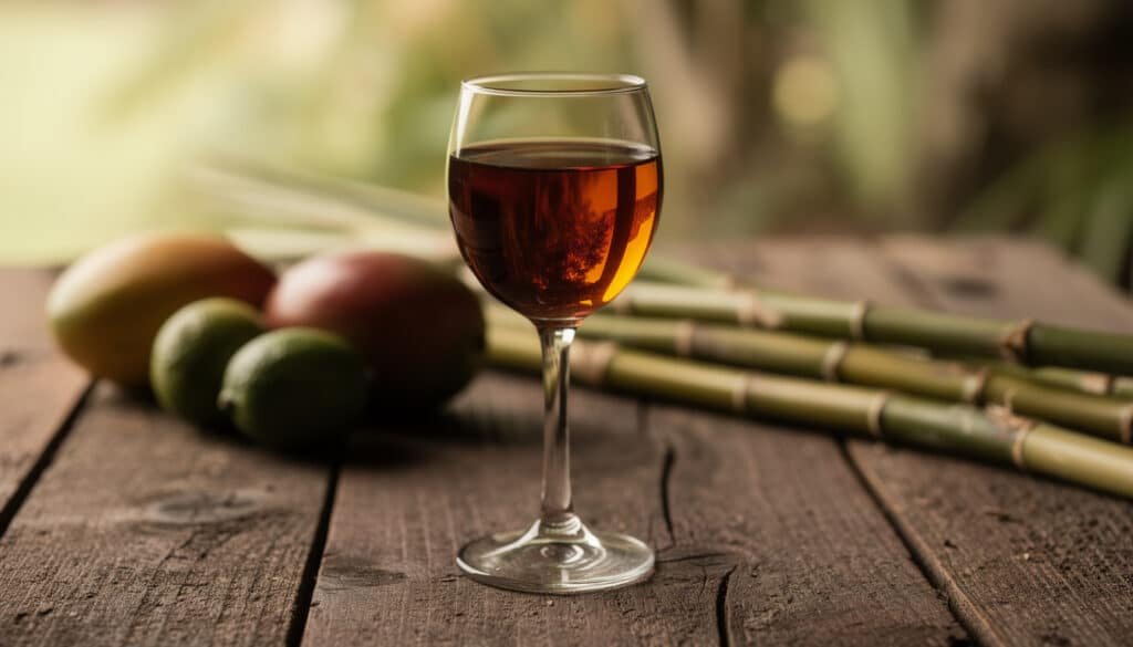 Verre de vin rouge âpre martiniquais sur table en bois avec fruits et bambou en arrière-plan