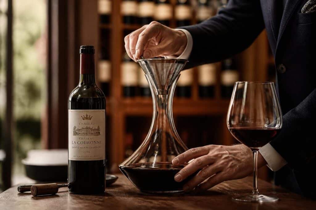 Sommelier filtrant un vin rouge à travers une carafe avec filtre fin pour préserver arômes et stabilité