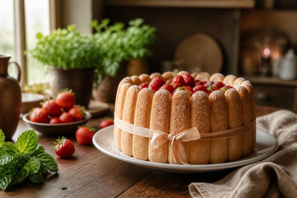 Charlotte maison avec fraises fraîches et biscuits à la cuillère sur plat blanc