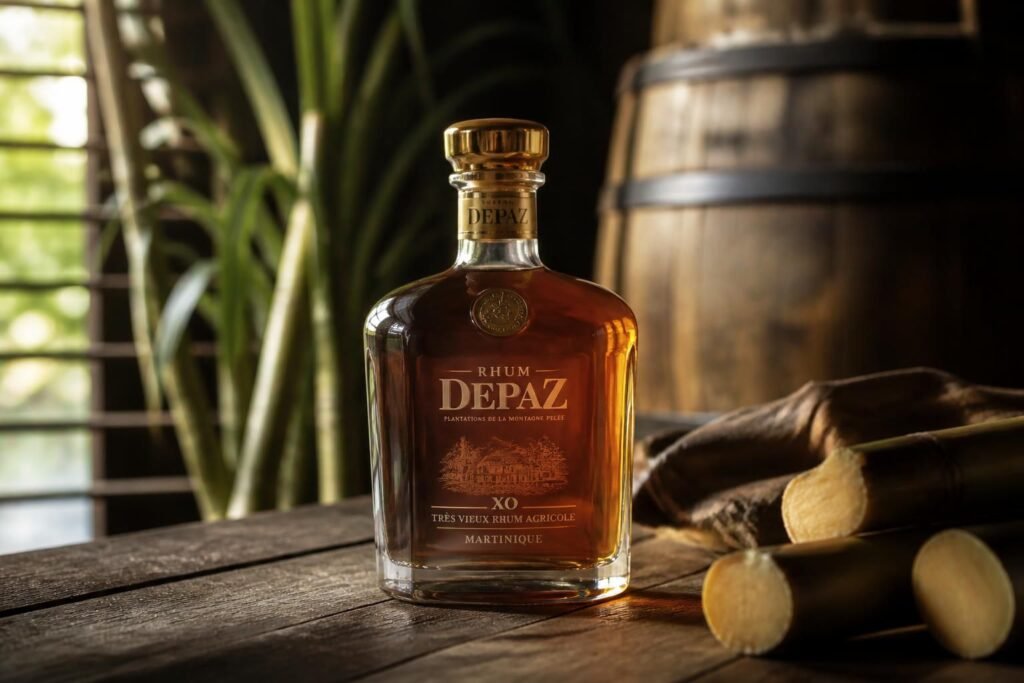 Bouteille de rhum Depaz XO Grande Réserve posée sur une table en bois avec tiges de canne à sucre fraîche et tonneau en arrière-plan