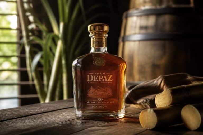 Bouteille de rhum Depaz XO Grande Réserve posée sur une table en bois avec tiges de canne à sucre fraîche et tonneau en arrière-plan
