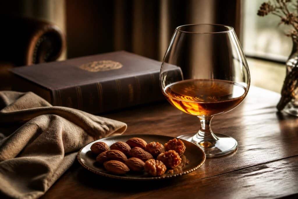 Verre de cognac aux amandes avec amandes torréfiées, livre et décoration sur table en bois