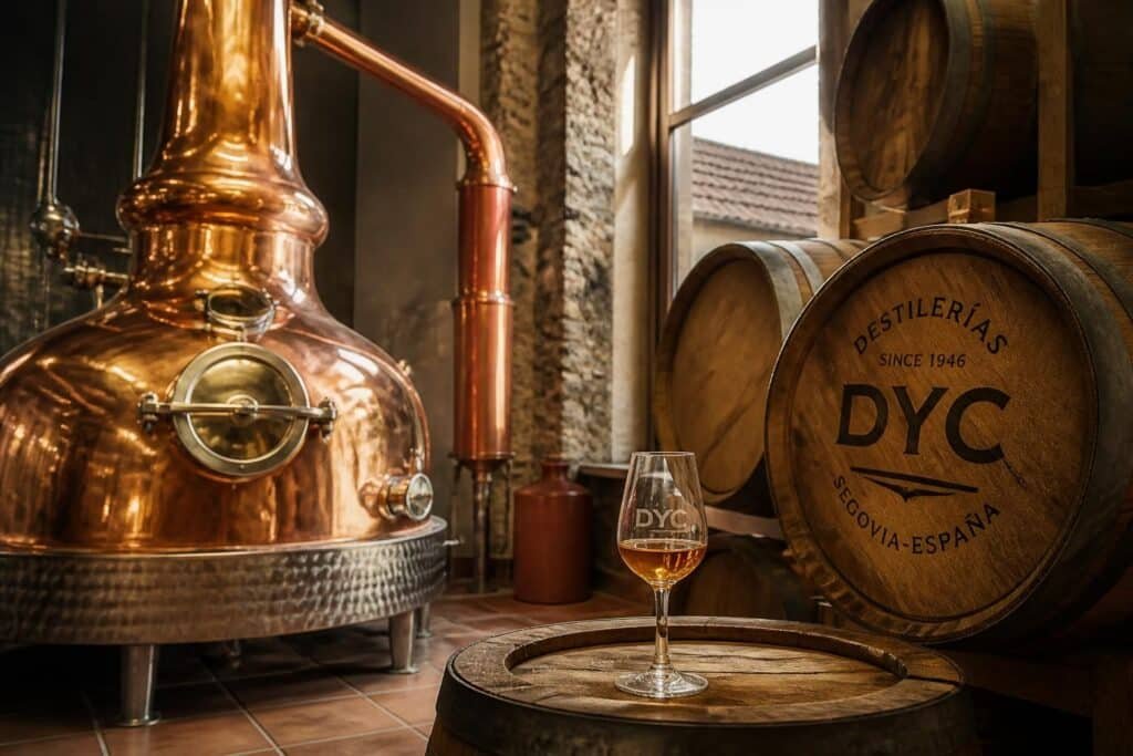 Distillerie DYC en Espagne : alambic en cuivre, fûts de Jerez et verre de whisky espagnol