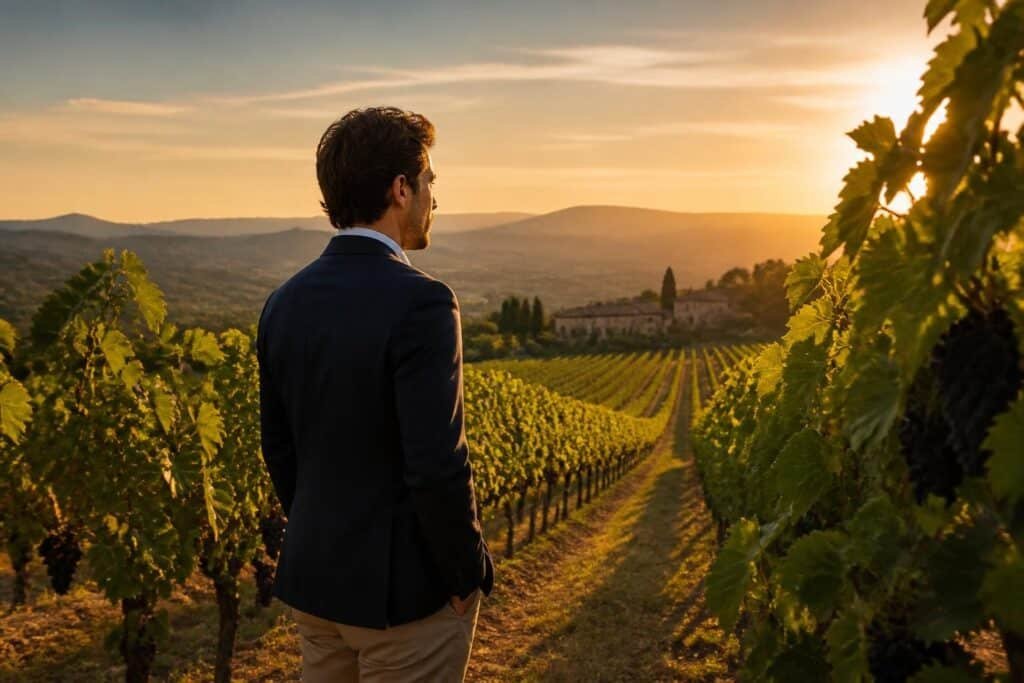 Investisseur contemplant un vignoble en terrasse au coucher de soleil, symbole de l'investissement viticole patrimonial