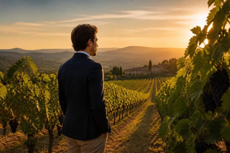Investisseur contemplant un vignoble en terrasse au coucher de soleil, symbole de l'investissement viticole patrimonial