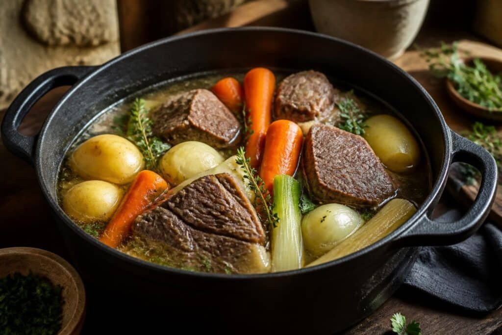 découvrez la recette traditionnelle du pot-au-feu, un plat réconfortant et savoureux, parfait pour les repas en famille.