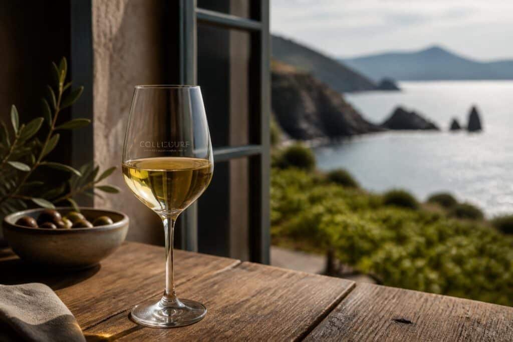 Verre de collioure blanc servi à température fraîche avec vue panoramique sur la Côte Vermeille