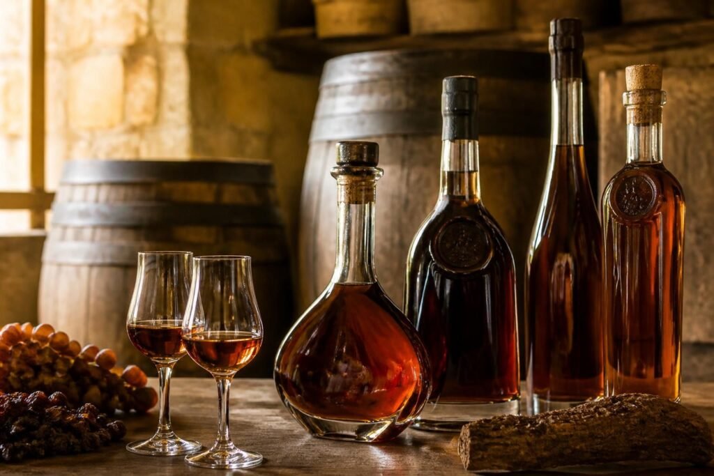 Dégustation de vieil armagnac : verres tulipe avec eau-de-vie ambrée, bouteilles et fûts de vieillissement en cave