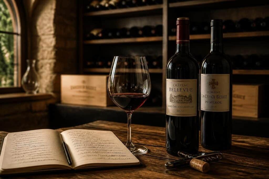 Deux bouteilles de vin rouge (Château Bellevue et Domaine La Croix Belle) avec verre dégusté et carnet de notes sur table en cave