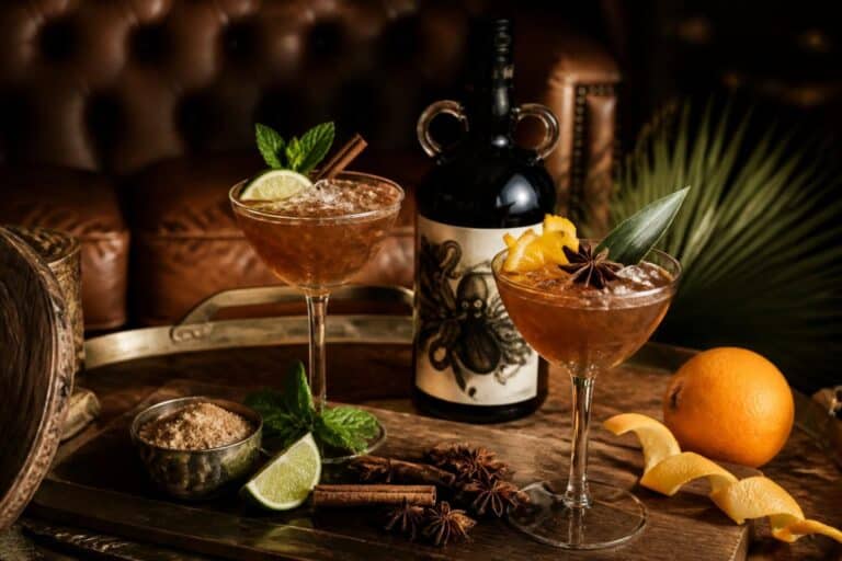 Cocktails ambrés avec bouteille de rhum épicé, agrumes et épices