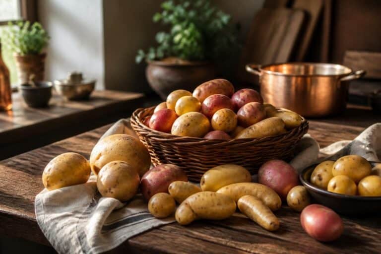 Différentes pommes de terre dans des paniers sur une table