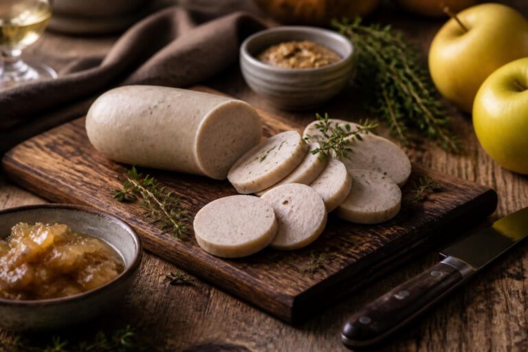 Boudin blanc tranché sur une planche avec pommes et herbes