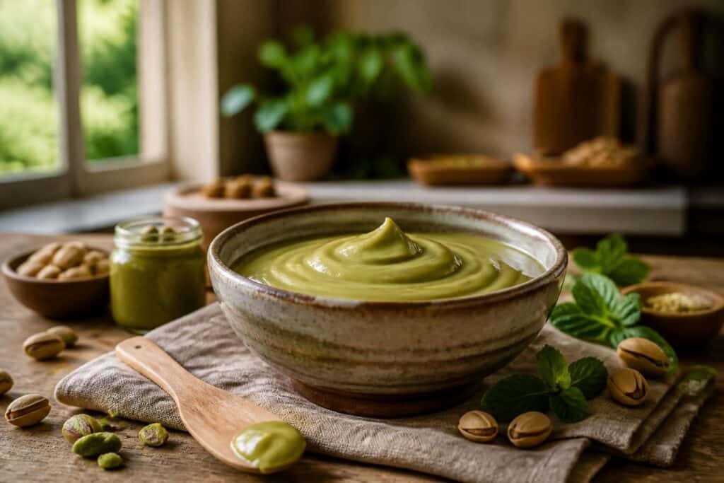 Crème de pistache verte dans un bol avec pistaches autour