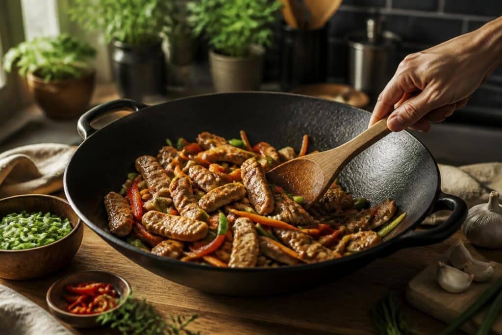 Émincé de porc sauté avec légumes dans un wok