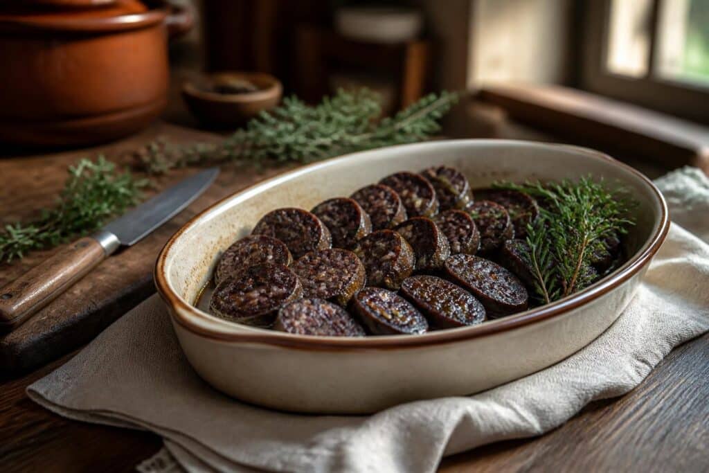 Tranches de figatelli dans un plat avec herbes aromatiques
