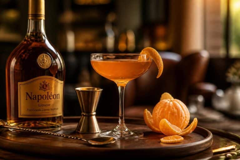 Bouteille de Mandarine Napoléon avec cocktail orangé et quartiers de mandarine