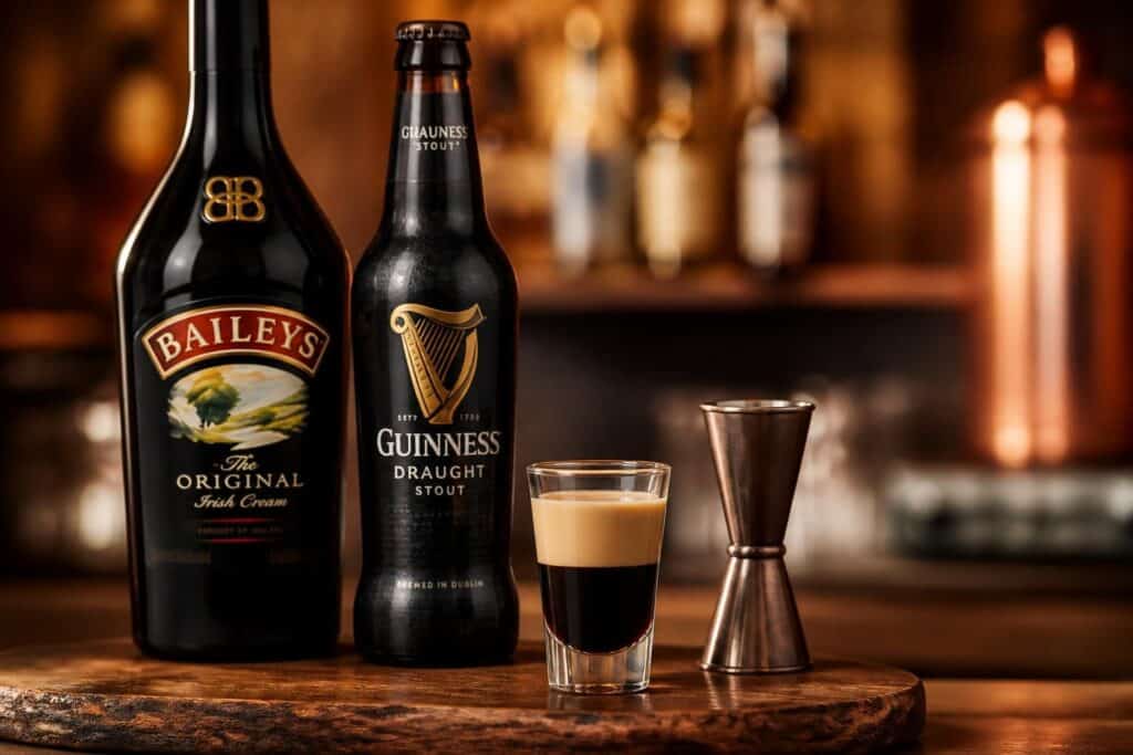 Bouteilles de Baileys et Guinness avec un cocktail mini Guinness