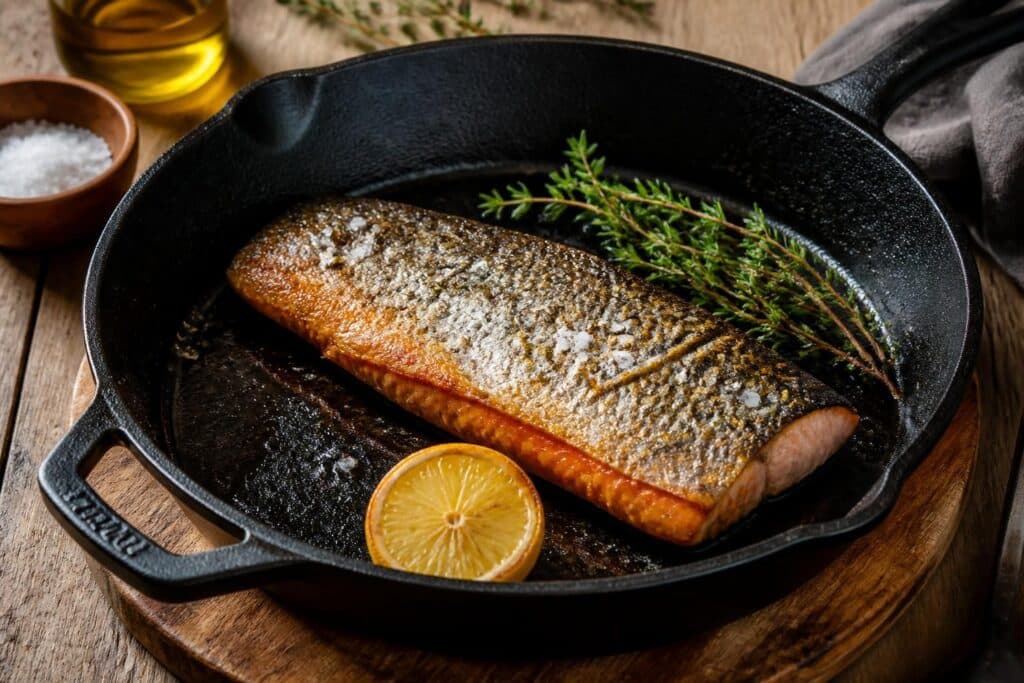 Poisson doré dans une poêle avec citron et herbes