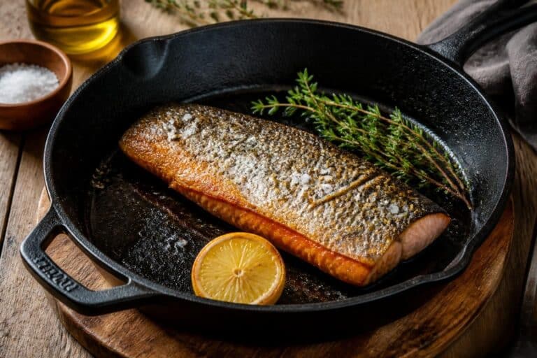Poisson doré dans une poêle avec citron et herbes