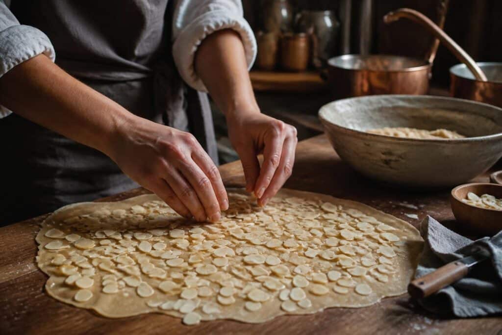 Mains disposant des amandes effilées sur une pâte à biscuits