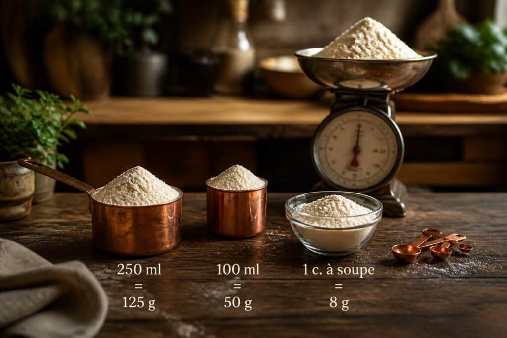 Farine mesurée dans des récipients et une balance de cuisine