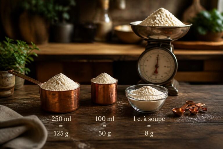 Farine mesurée dans des récipients et une balance de cuisine
