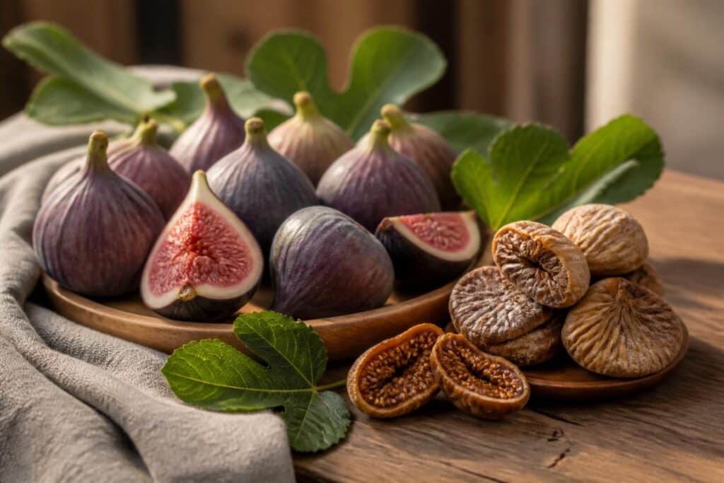 Figues fraîches et sèches disposées sur une table