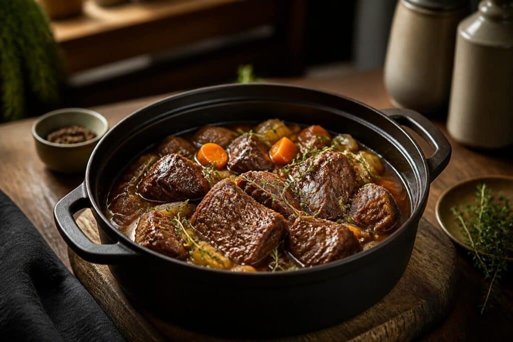 Morceaux de bœuf mijotés avec légumes dans une cocotte