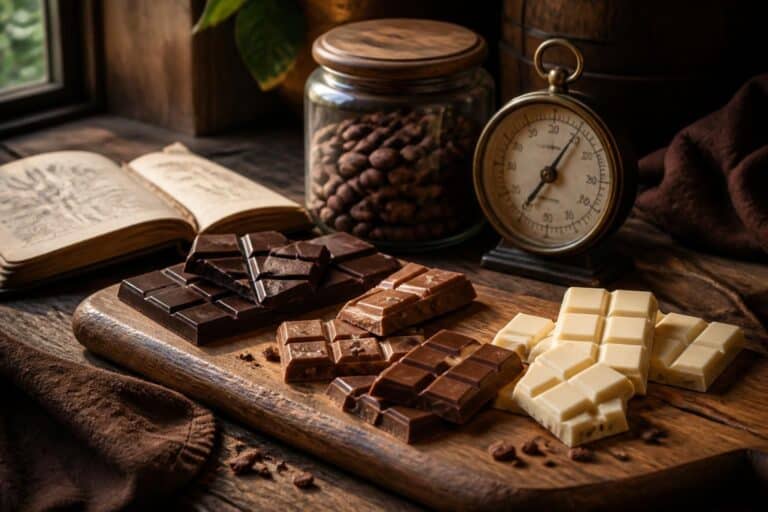 Carrés de chocolat, fèves de cacao et montre sur une table