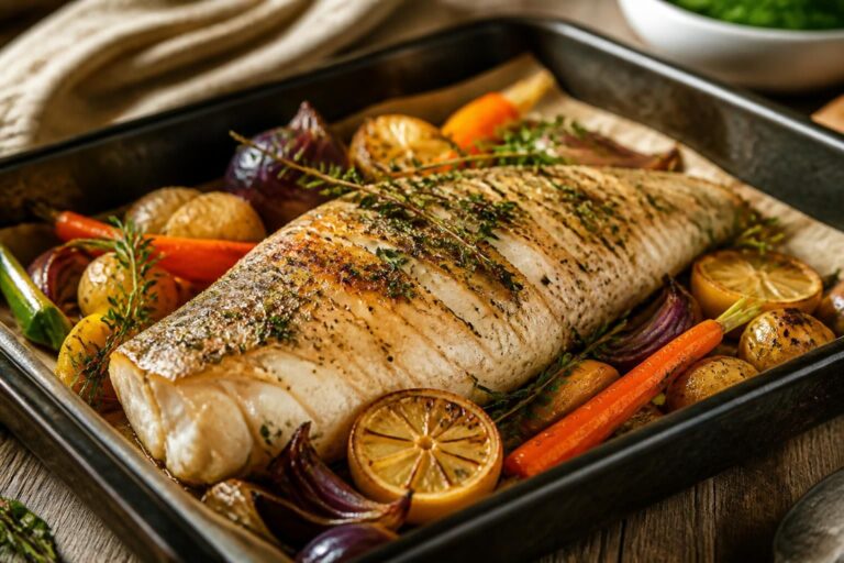Poisson entier au four avec légumes et rondelles de citron