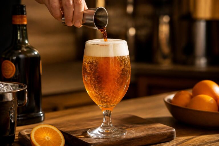 Bière ambrée servie dans un verre avec ajout de liqueur