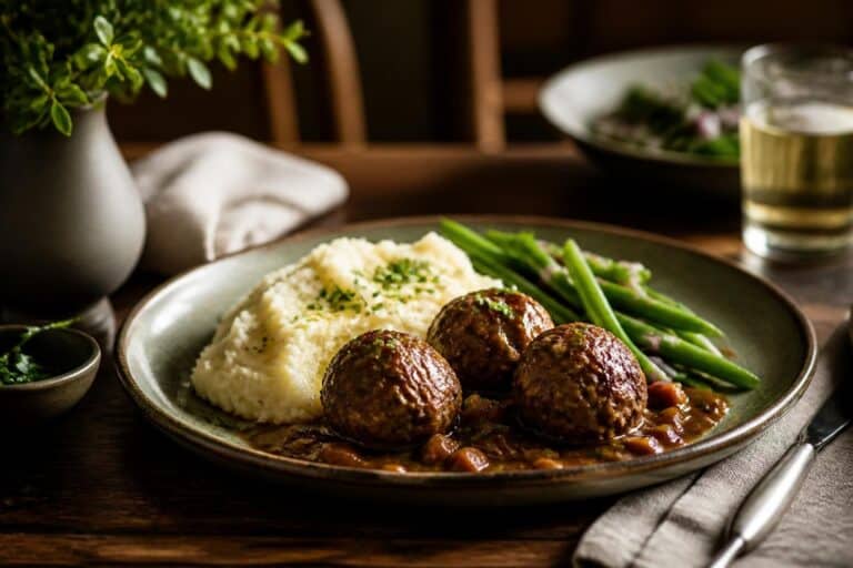 Boulettes de viande servies avec purée et haricots verts