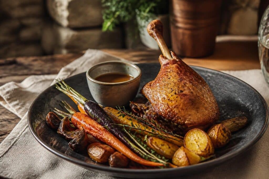 Confit de canard servi avec carottes et pommes de terre rôties
