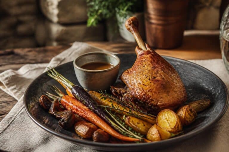 Confit de canard servi avec carottes et pommes de terre rôties
