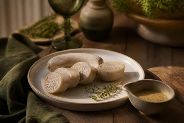 Rondelles de boudin blanc dans une assiette avec des sauces sur une table