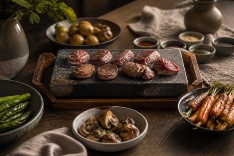 Morceaux de viande sur une pierre de cuisson avec légumes et accompagnements